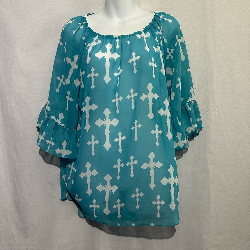Cowgirl Hardware Teal Floral Cross Western Top Women’s Small